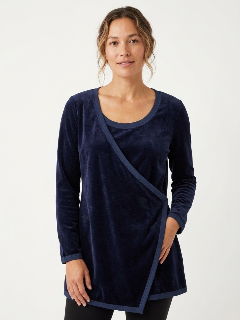 Joseph Ribkoff Women's Velour Asymmetrical Wrap Tunic Top Midnight Blue Cocktail